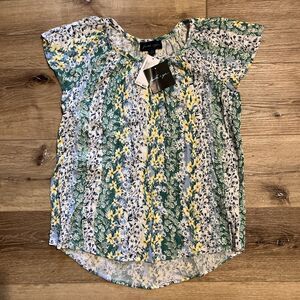 Faith And Zoe Women’s Small Short Sleeve Green Yellow Floral Blouse Tunic Shirt